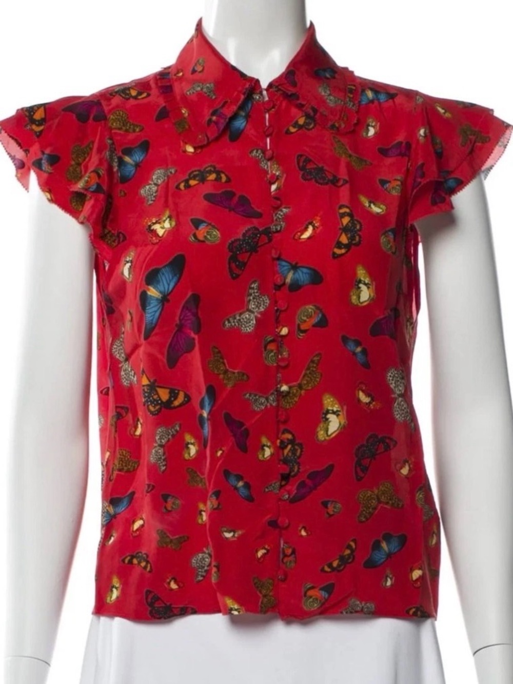 Alice + Olivia Red Butterfly Print Cap Sleeve Silk Blouse